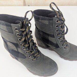 Sorel Lexie Womens Boots Size 8.5 Black Olive Buffalo Plaid Heeled Ankle Booties
